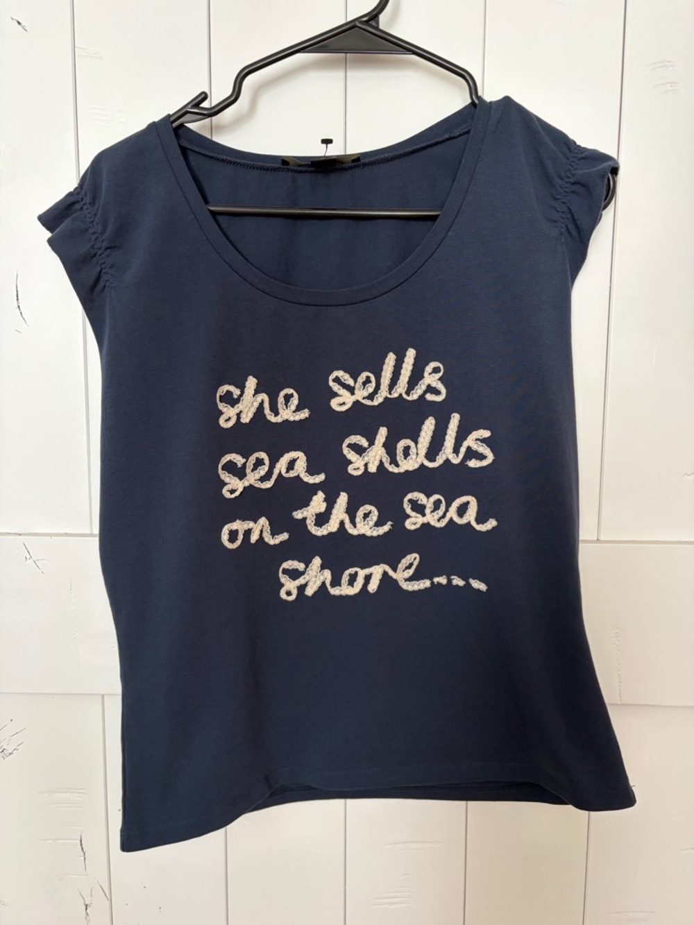 MaxMara Navy Short Sleeve Tee with Cream Script Graphic